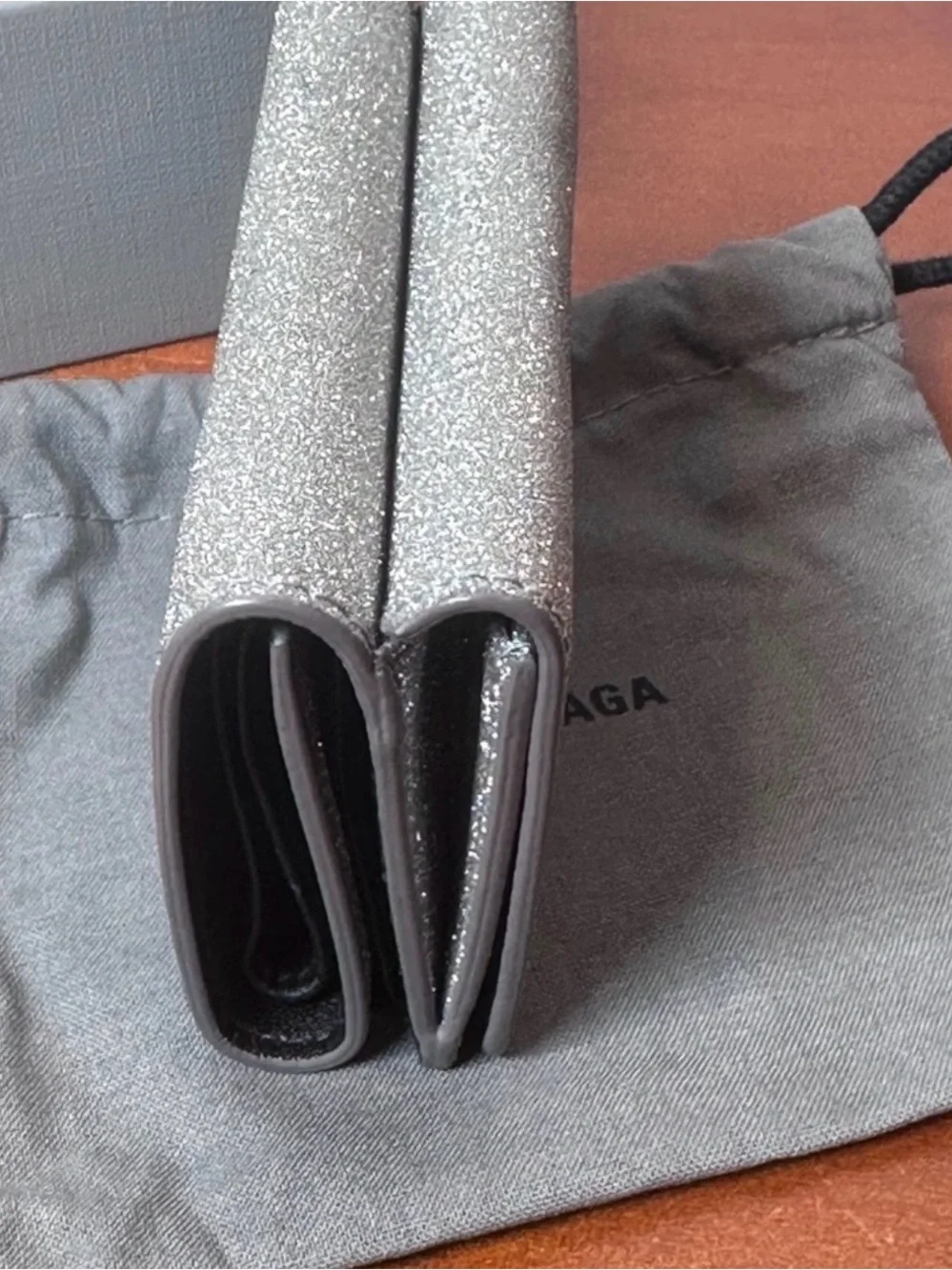 Balenciaga Silver Glitter Wallet Holder With Box